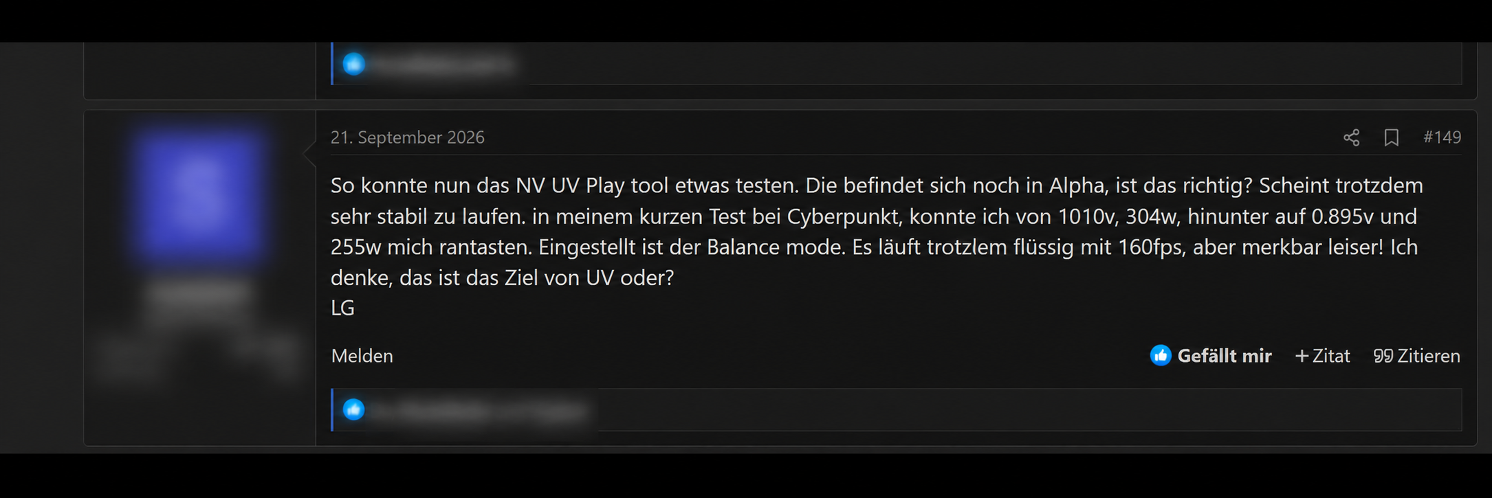 Anonymized German forum post describing Cyberpunk at 255 W and 160 FPS.