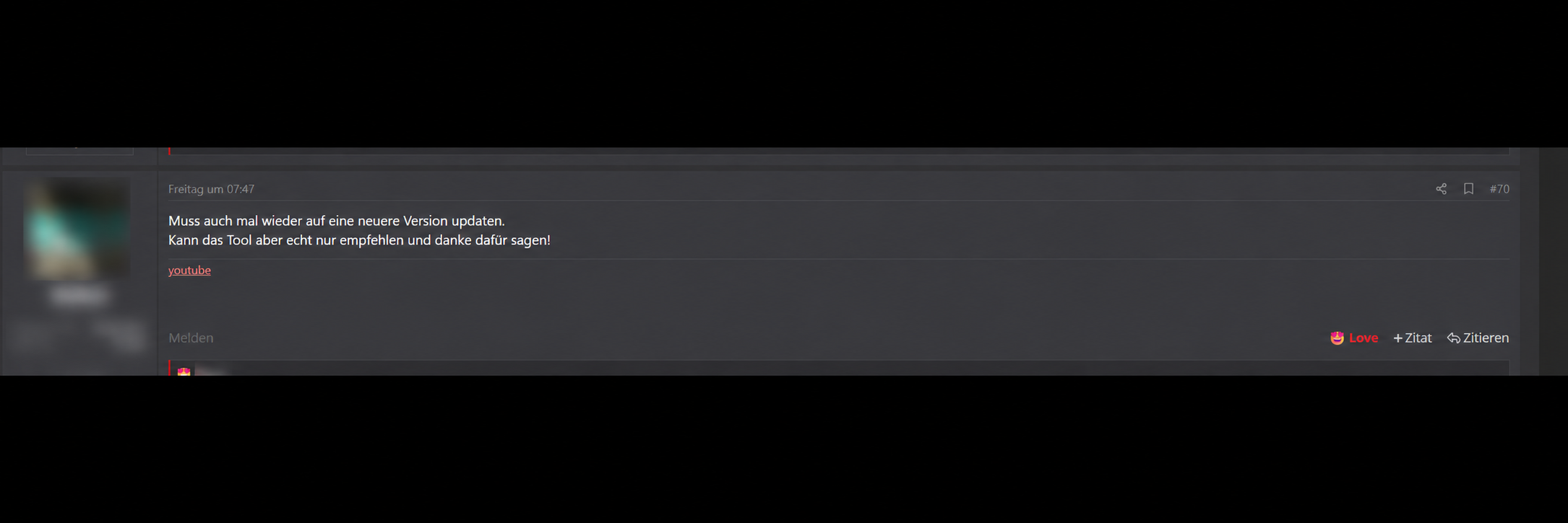 Anonymized German forum recommendation and thank-you.