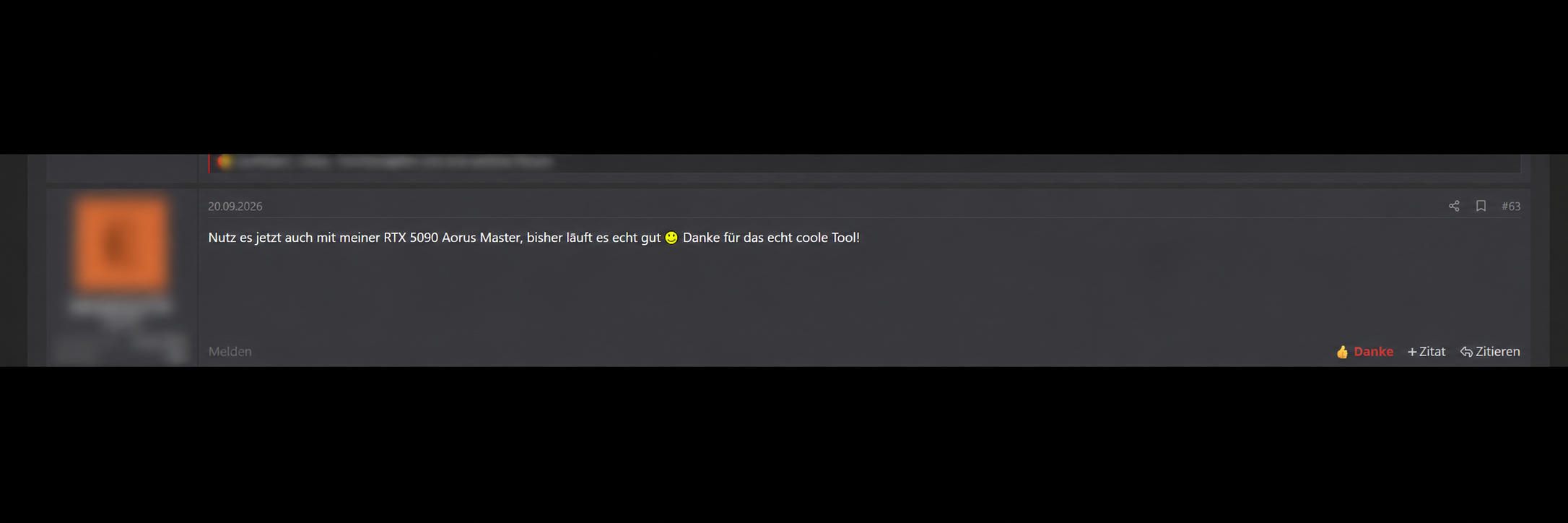 Anonymized German feedback from an RTX 5090 Aorus Master user.